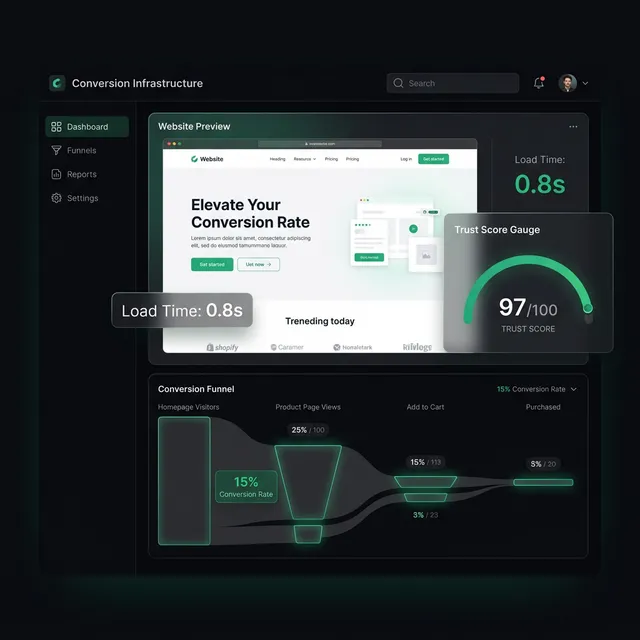 Conversion infrastructure dashboard showing website speed, trust score, and funnel analytics